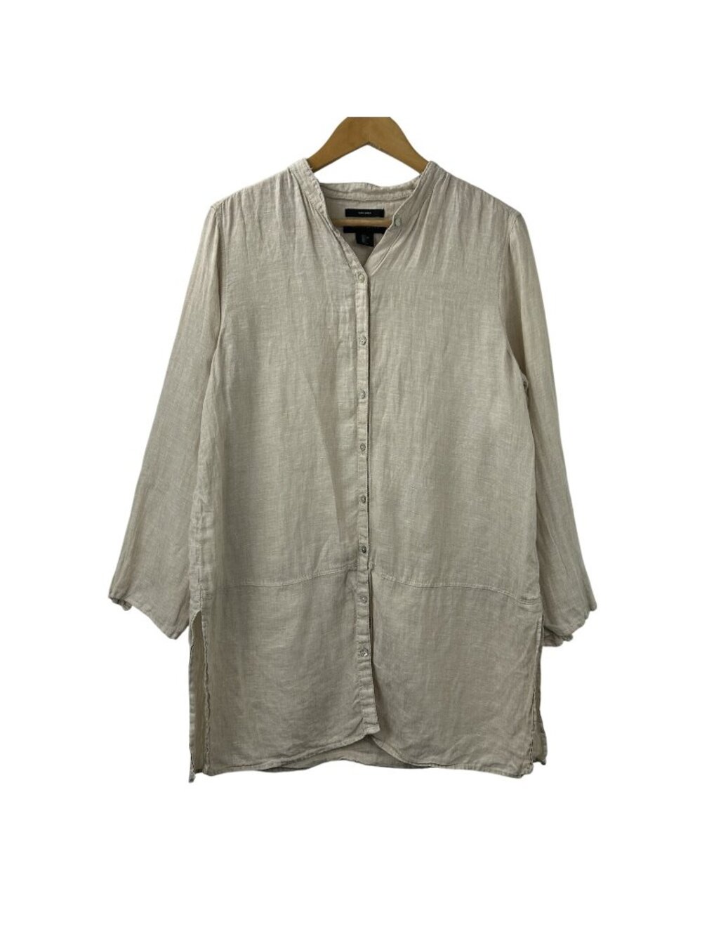 Tahari Tunic Shirt Womens Large Tan Beige 100%  Linen Button Up Mandarin Collar
